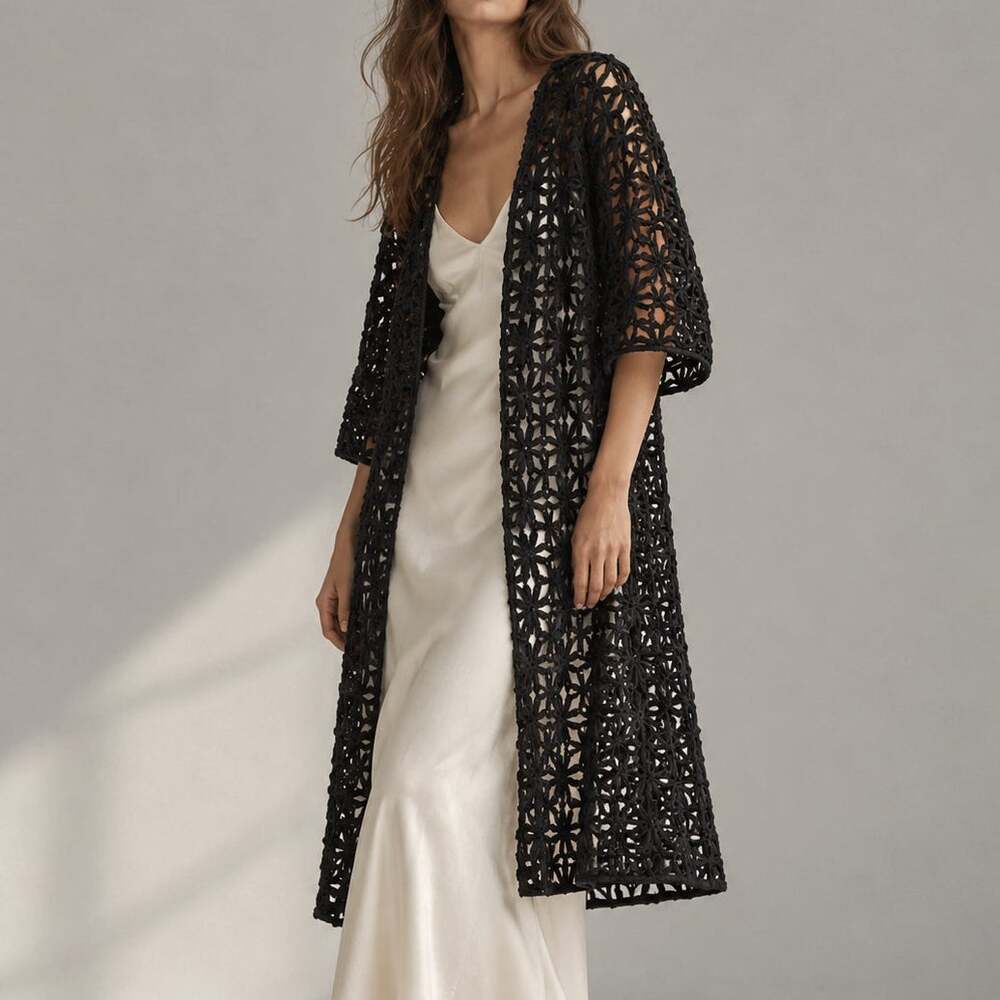 Maeve by Anthropologie Black Textured Cutout Duster Floral Lace Kimono One Size